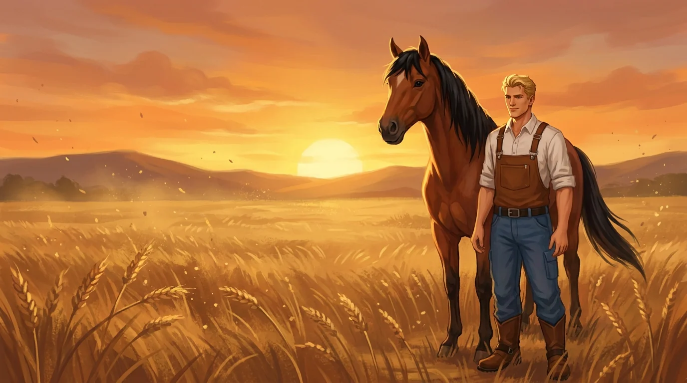 Jack steht mit seinem Pferd Luna im goldenen Feld bei Sonnenuntergang